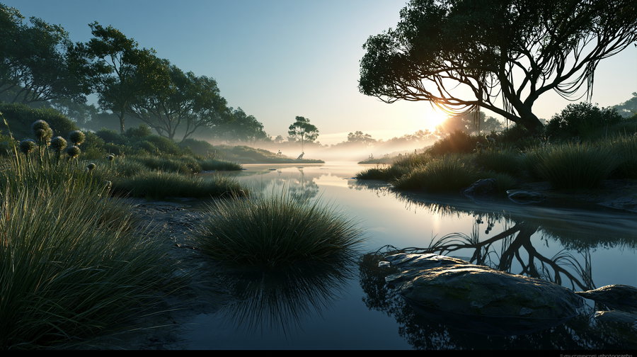 A calm river flows through a lush green landscape with trees on both sides under a clear sky at sunrise, with mist in the background and reflections of trees in the water.