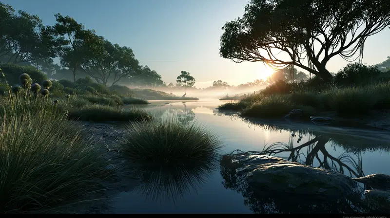 A Serene River Landscape at Sunrise with Trees and Natural Reflections