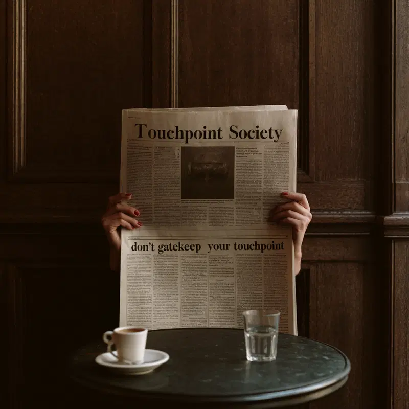 Person reading a newspaper at a table with coffee and water glass