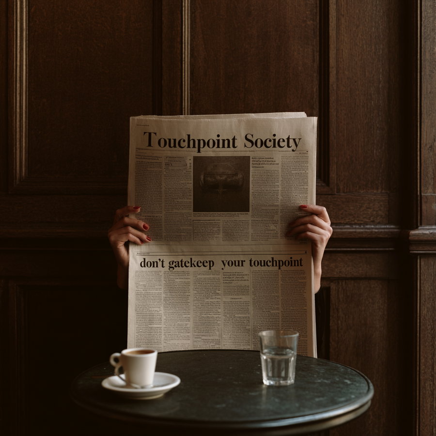 Hands holding an opened newspaper titled Touchpoint Society behind a table with a cup of coffee and a glass of water in front