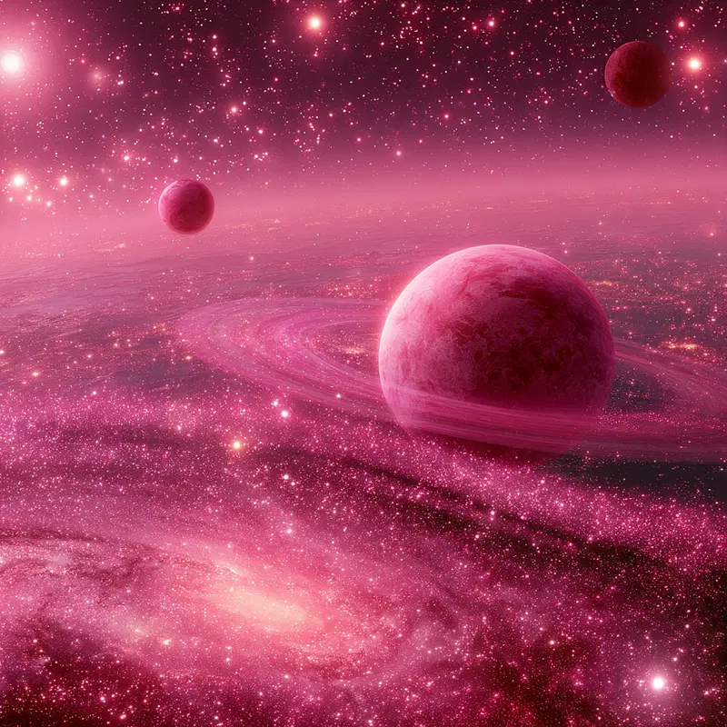 Digital artwork of a vibrant pink space scene with planets and stars