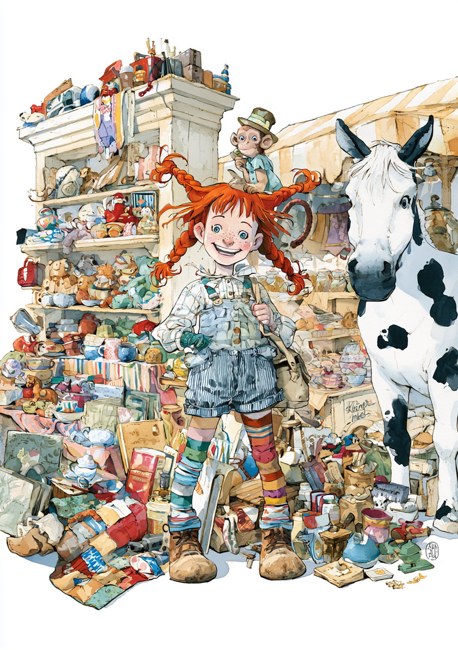 Illustration of a smiling red-haired girl with braided hair, wearing patchwork socks and overalls, standing next to a white and black-spotted horse, with a small monkey wearing a hat sitting on a shelf filled with various toys and objects in the background