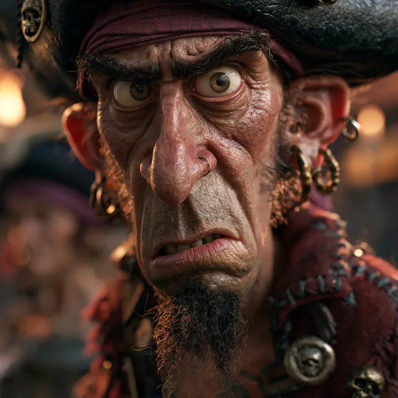 Detailed close-up of a fierce pirate character with exaggerated facial features and accessories