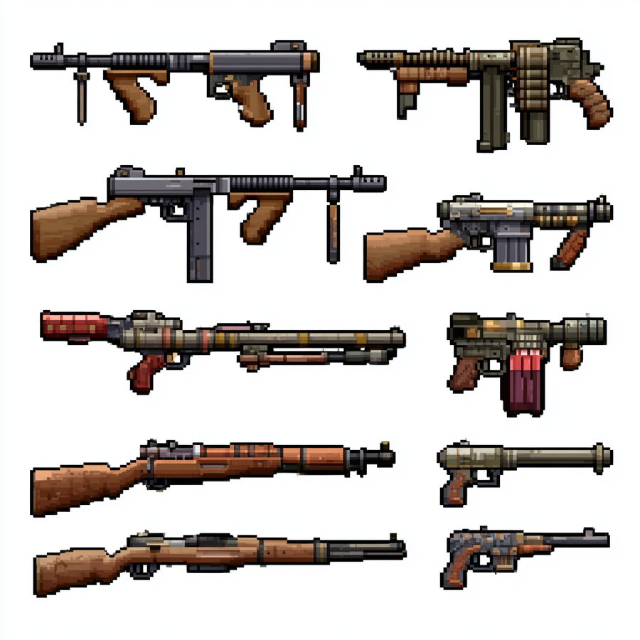 Pixel art illustrations of eleven different firearms including rifles, shotguns, and pistols, each with distinct wooden and metal parts shown on a white background