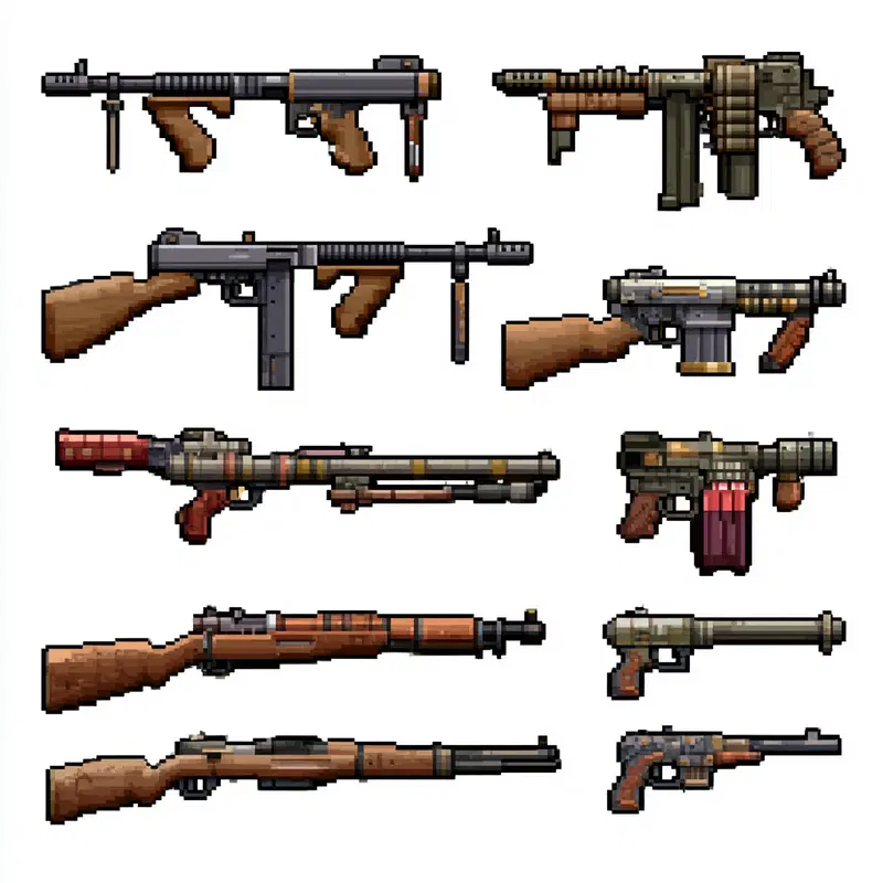 Illustrations of various vintage and modern firearms in pixel art style