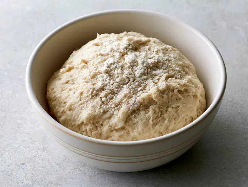 Close-up photograph of dough in a ceramic bowl with flour sprinkled on top