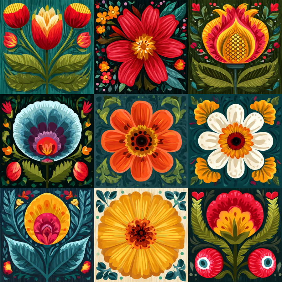 Nine square floral illustrations featuring stylized flowers with vibrant red, yellow, orange, white, and blue-green colors on dark and light textured backgrounds