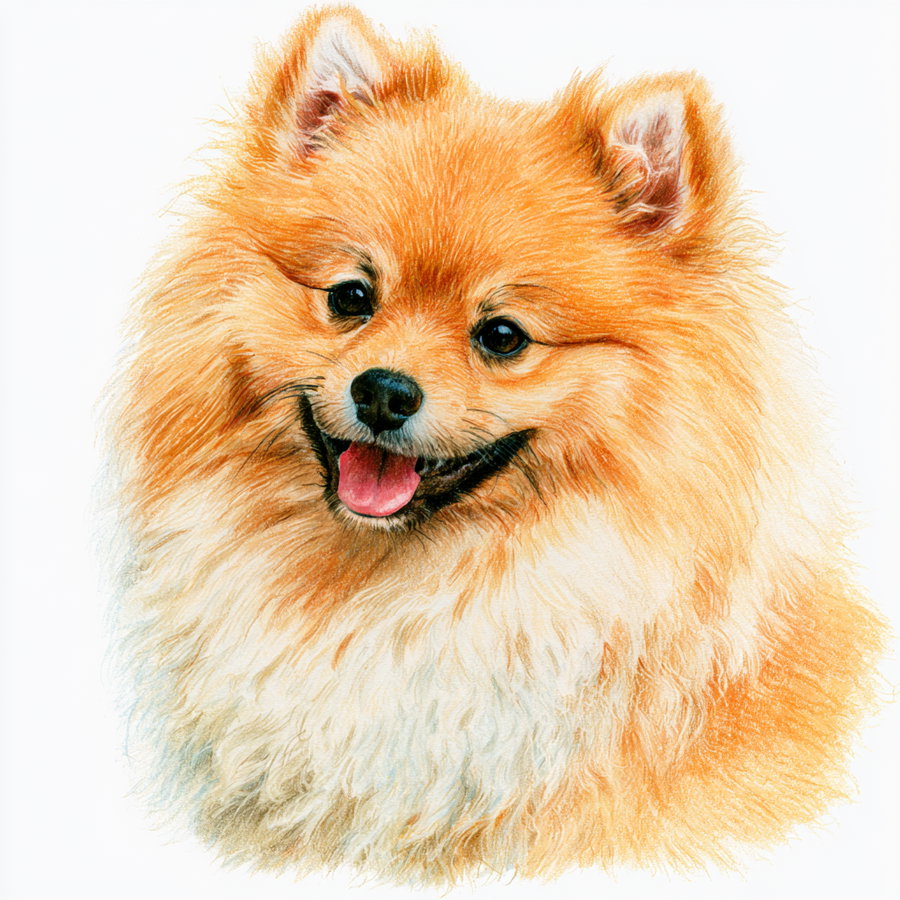 Close-up artistic portrait of a cheerful Pomeranian dog with detailed fluffy orange and white fur, bright eyes, and a smiling expression on a white background