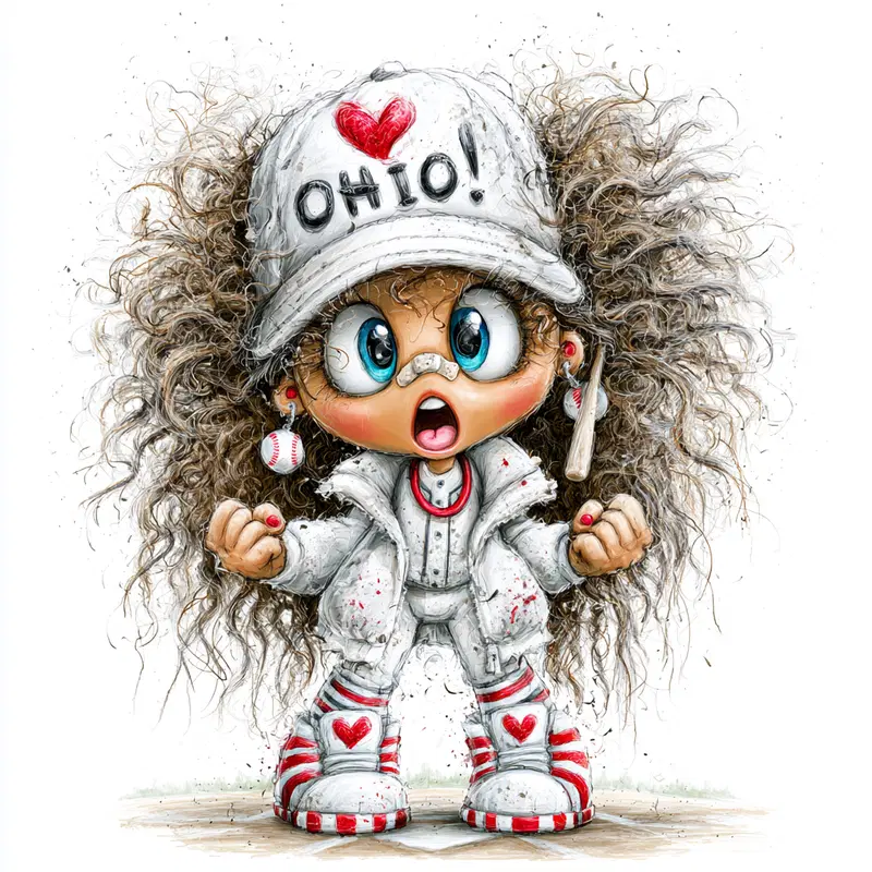 Energetic caricature of a young baseball fan wearing Ohio cap and uniform