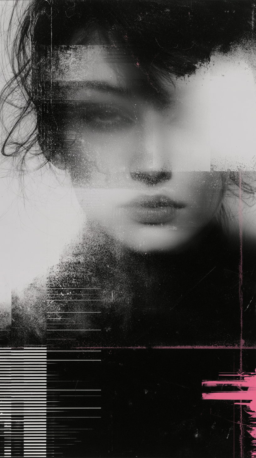 A monochrome artistic portrait of a woman's face with abstract textures and partially obscured details, featuring a mix of soft shading and glitch-like horizontal lines with hints of pink accents.