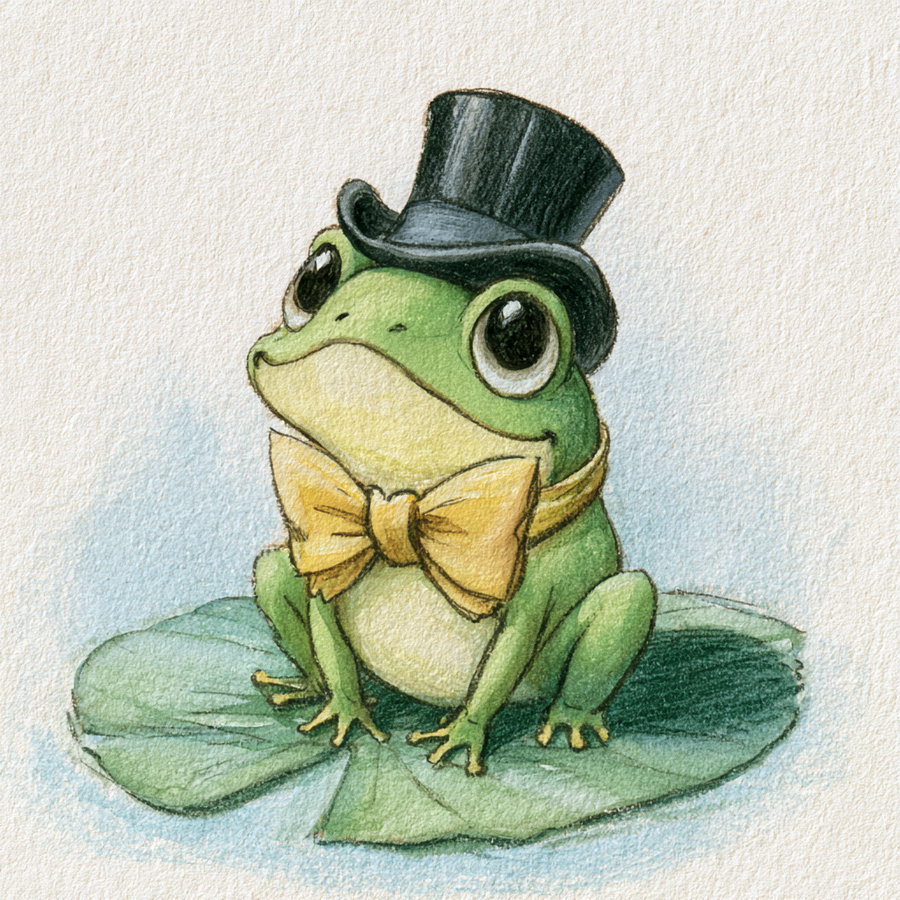 Watercolor painting of a green frog with large eyes sitting on a green lily pad, wearing a black top hat and a yellow bow tie