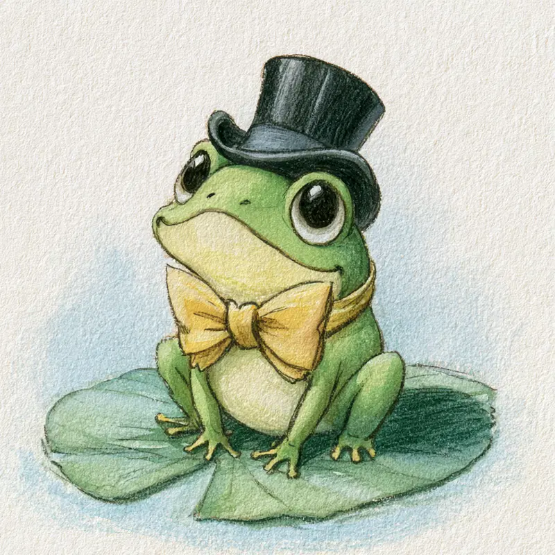 Cute watercolor illustration of a frog wearing a top hat and bow tie