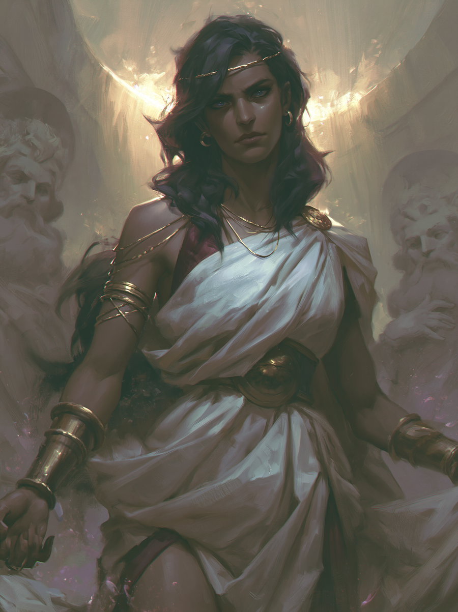 Digital painting of a serious-looking woman wearing a white draped garment and gold accessories with two large stone busts in the background and a glowing crescent-shaped light behind her head