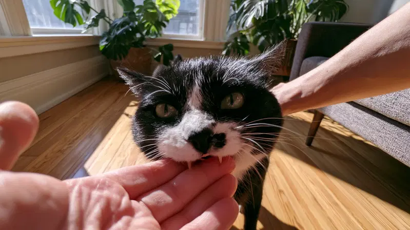 Close-up of a black and white cat interacting with a hand indoors