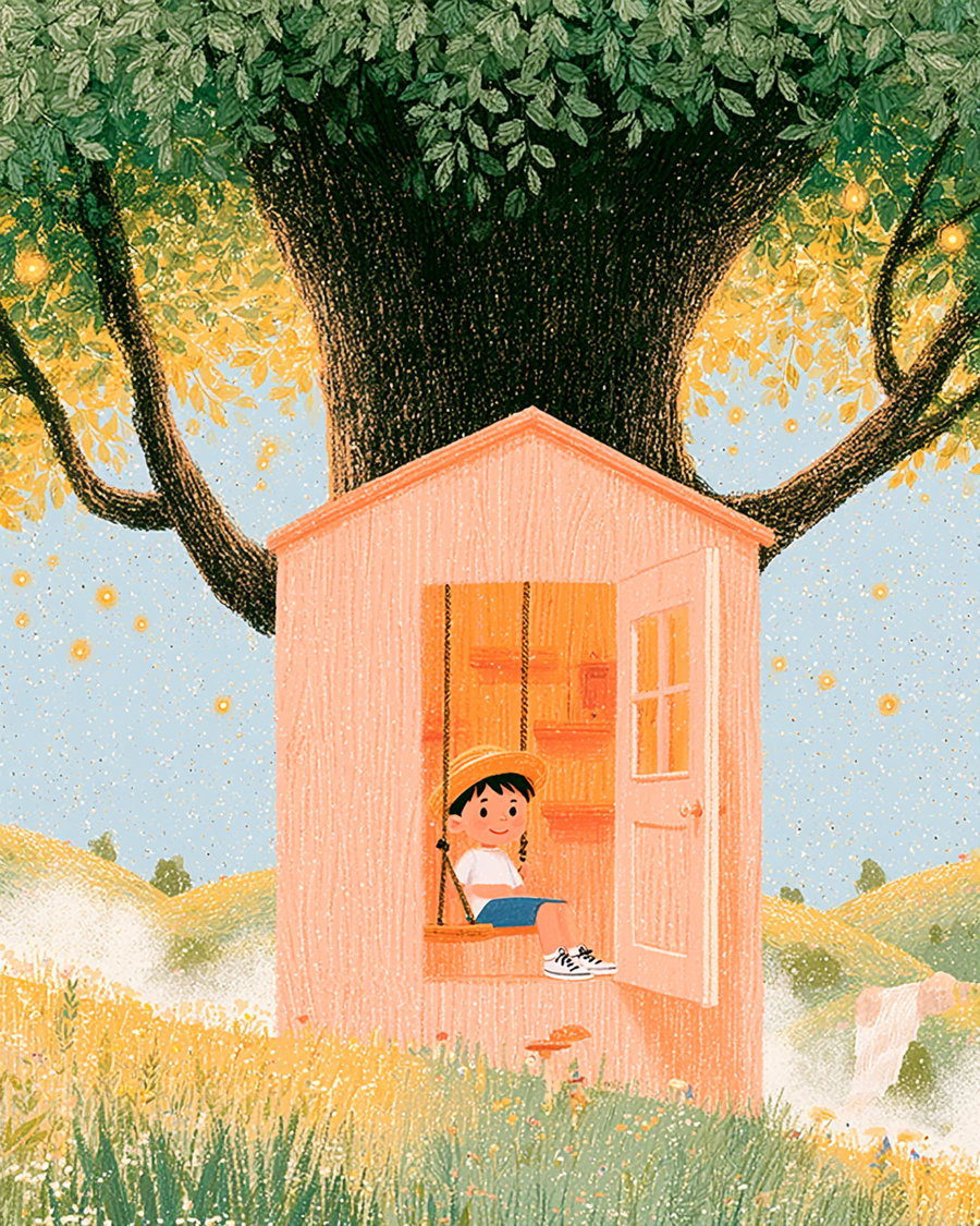 A child wearing a hat, white shirt, blue shorts, and sneakers sits on a swing inside a small peach-colored treehouse attached to a large leafy tree, with a scenic background of grassy hills and glowing fireflies or lights