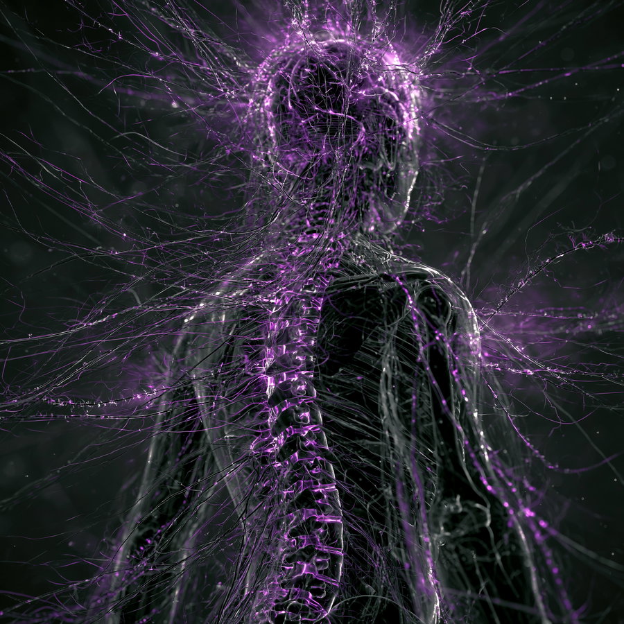 Abstract digital artwork showing a human figure with a glowing purple spine and connected neural network against a dark background