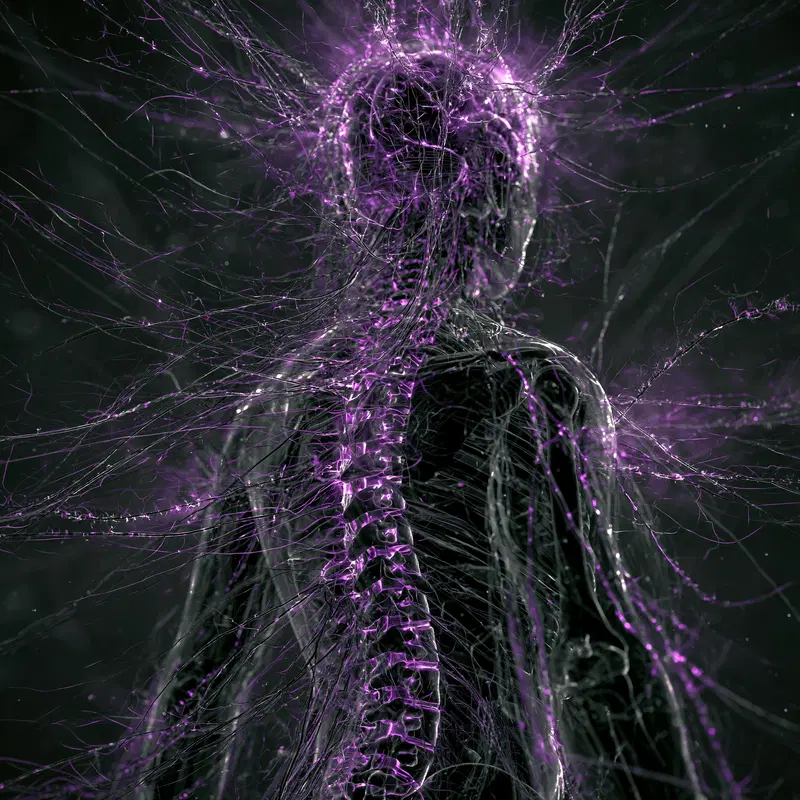 Abstract digital art depicting a human spine and nervous system in purple