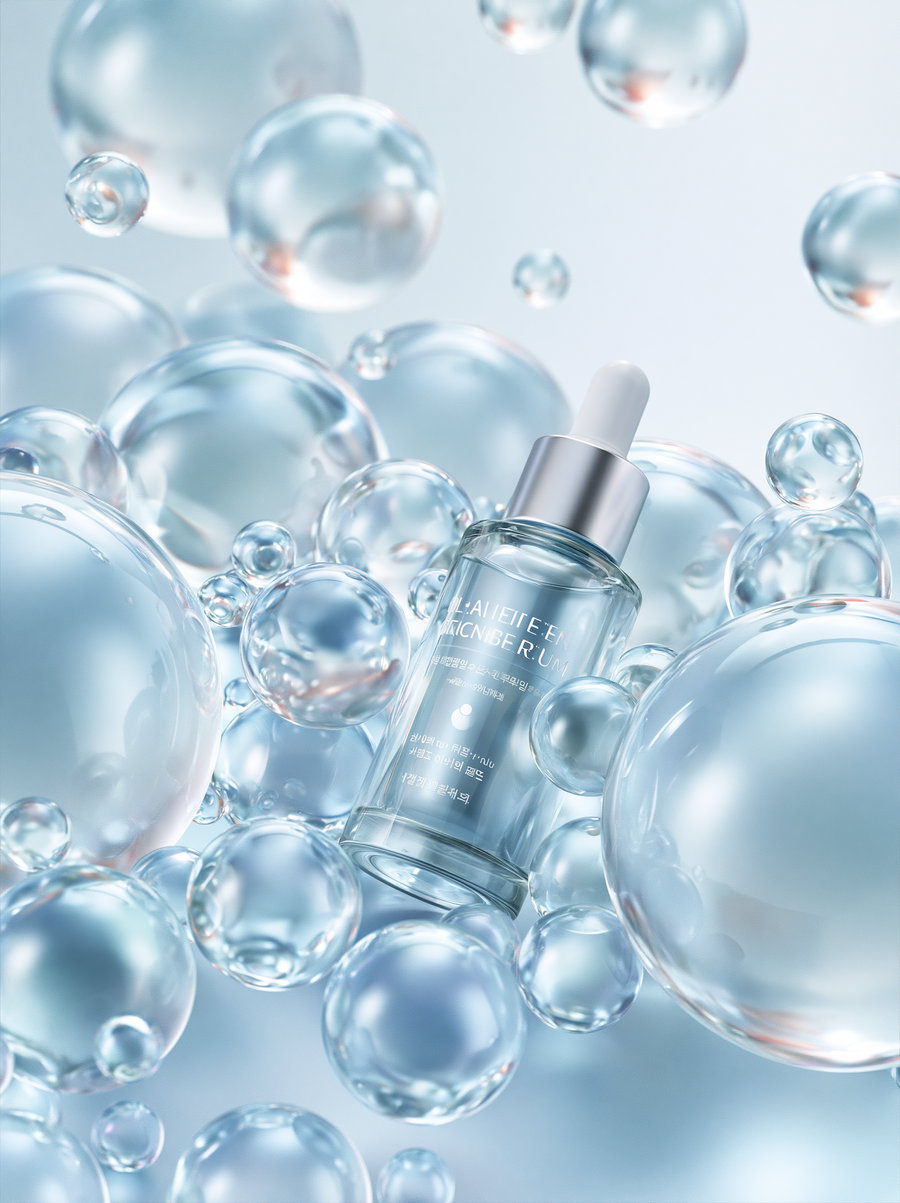 A clear glass dropper bottle surrounded by numerous large and small transparent spheres floating on a light blue background