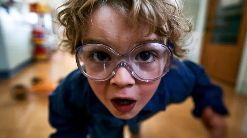 Close-up of a curious child wearing big glasses indoors