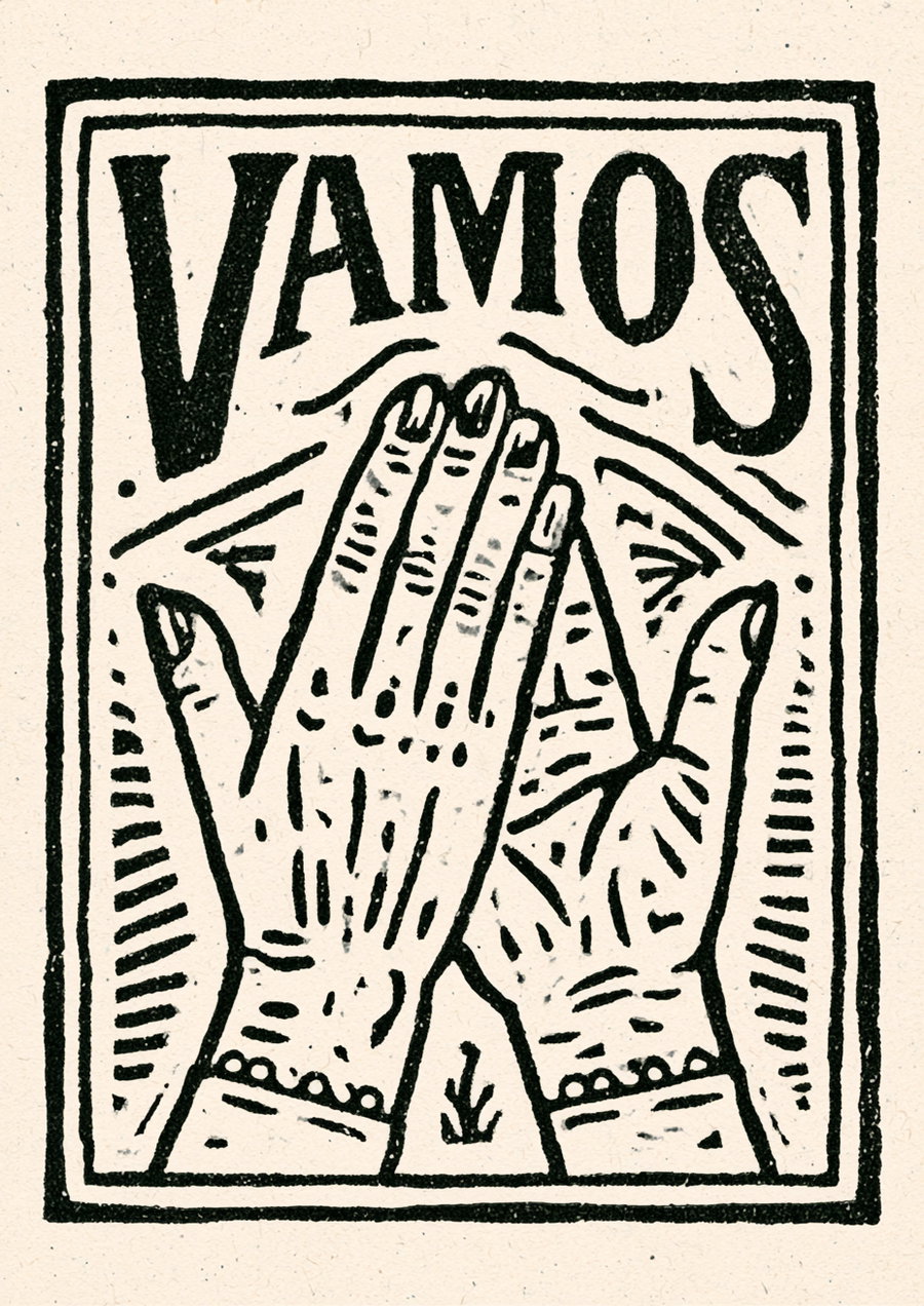 A monochrome printmaking artwork showing two hands, one behind the other, with the word VAMOS above them, enclosed in a rectangular frame