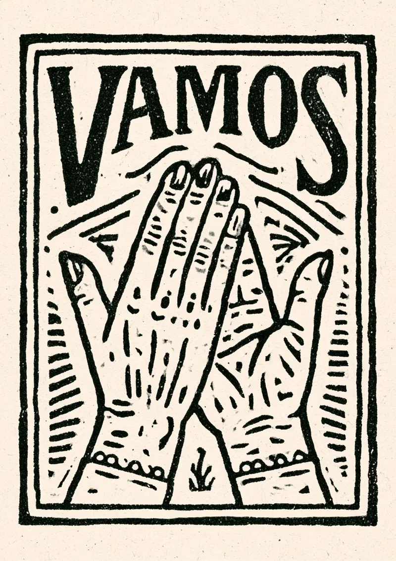 Black and White Printmaking Design Featuring Hands and 'VAMOS' Text