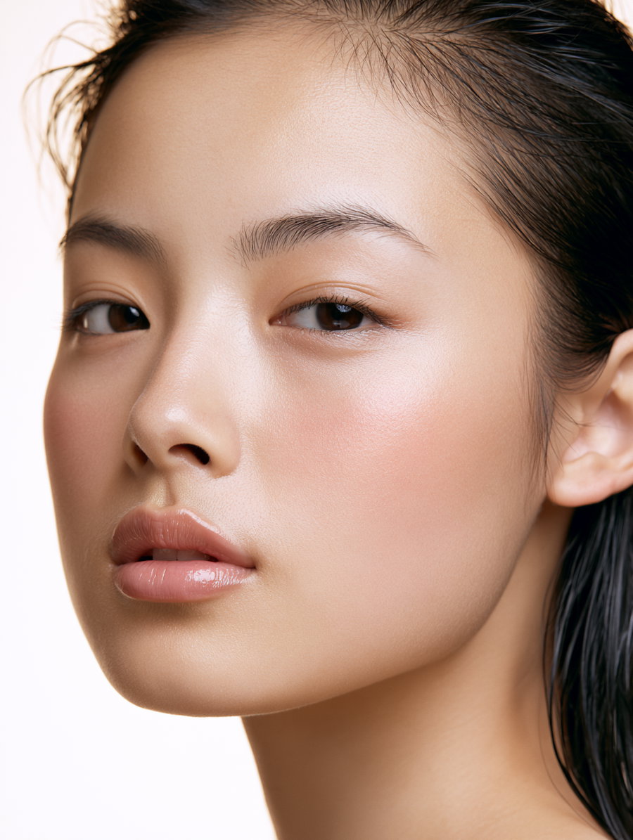 Close-up portrait of a woman with smooth skin, minimal makeup, and wet hair against a light background