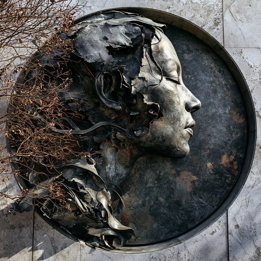 A detailed metal wall sculpture of a woman's profile with closed eyes and serene expression, incorporating leaf-like and branch-like organic shapes extending from the back of the head, set in a circular metal frame on a textured stone wall background.