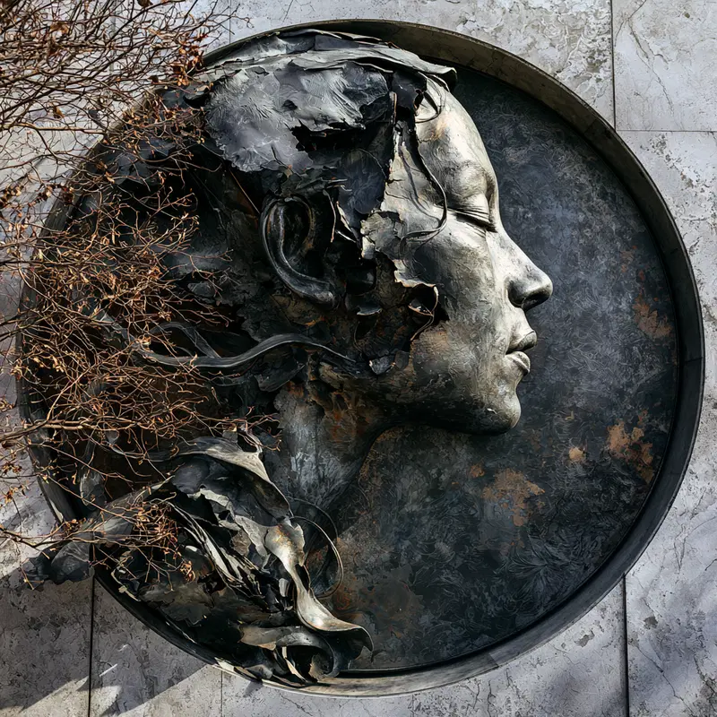 Metallic Wall Sculpture Featuring a Woman's Profile with Organic Elements