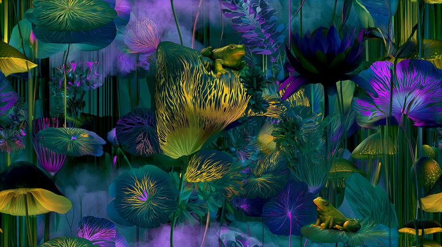 Digital artwork showing various mushrooms, flowers, lily pads, and two green frogs in a vibrant environment with purple, blue, green, and yellow hues