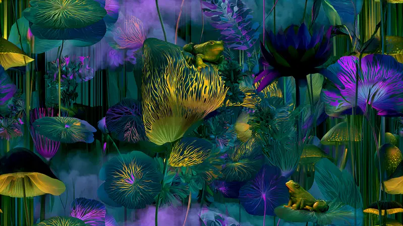 Colorful botanical illustration of mushrooms, flowers, and frogs in a mystical setting
