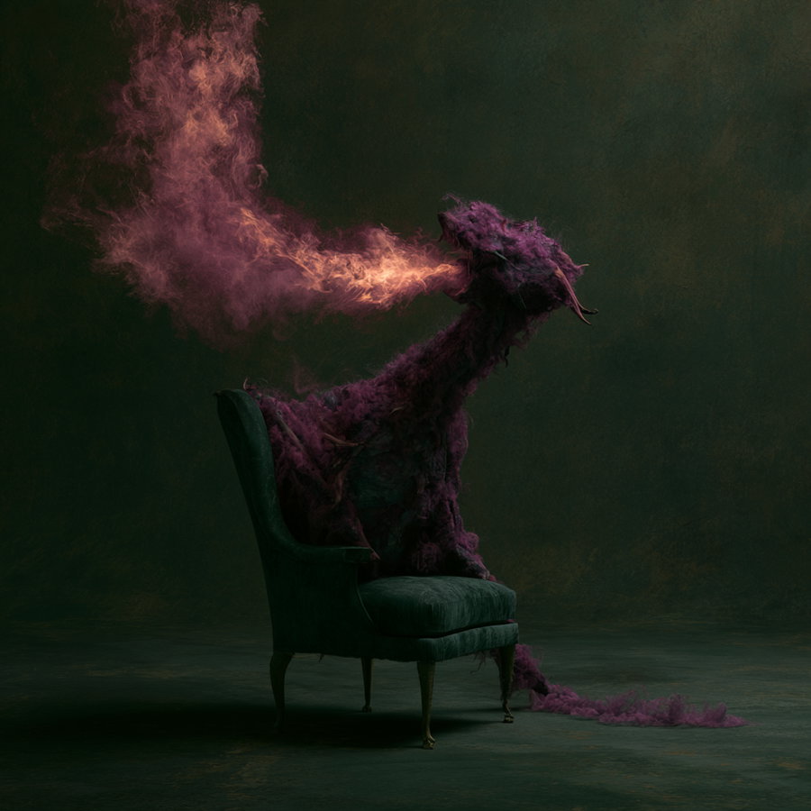 A surreal abstract composition of a purple, smoky dragon breathing fire while seated on an old-fashioned green velvet armchair against a dark, muted background.