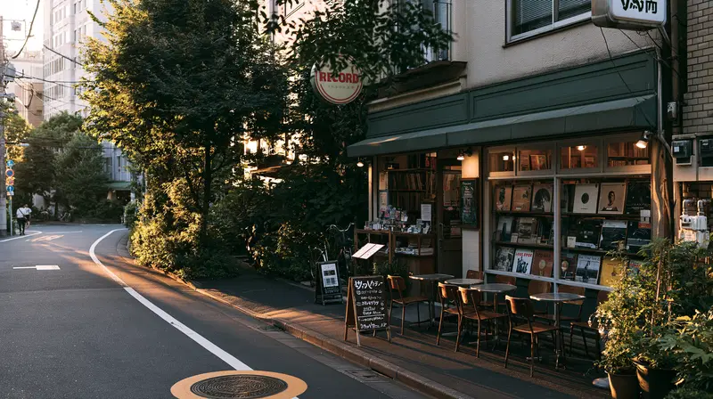 Cozy record shop with displayed vinyl albums and outdoor seating at sunset