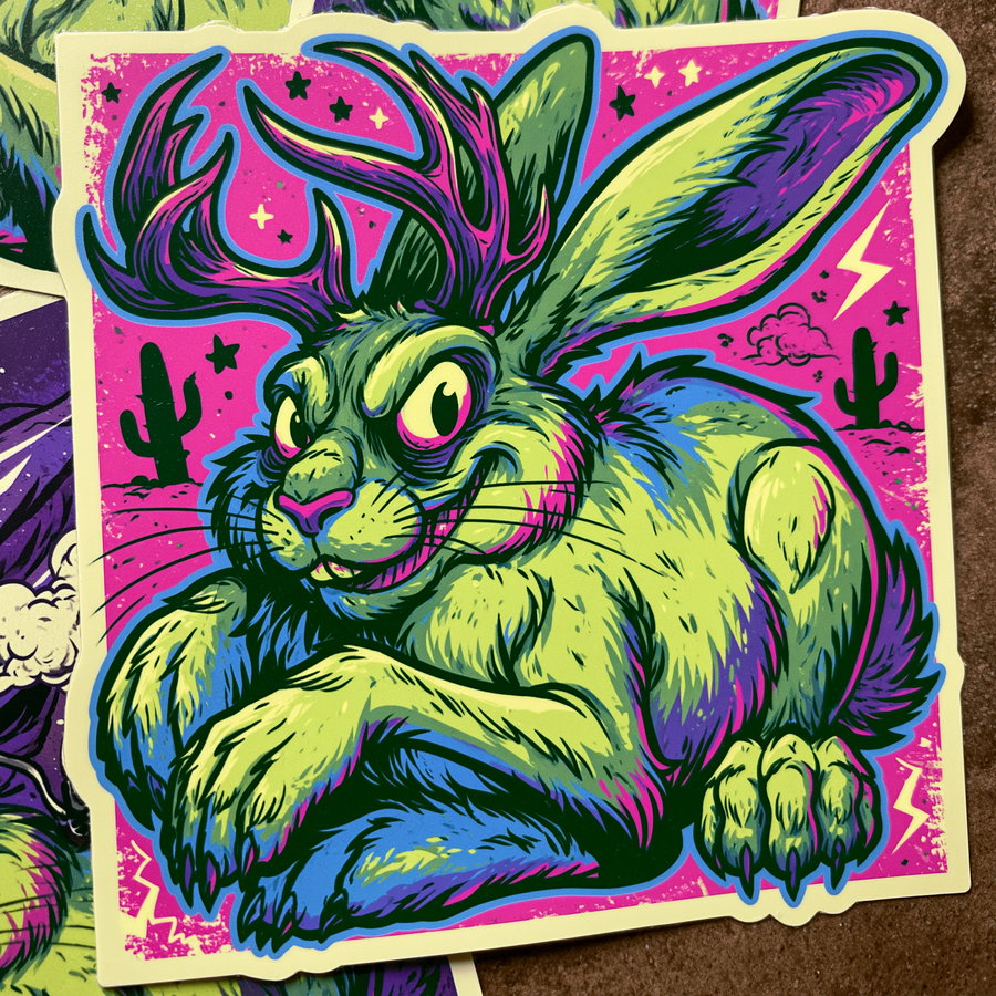 A vibrant sticker featuring a cartoon-style jackalope with green fur, large antlers, and intense eyes, set against a bright pink background with stars and desert silhouettes