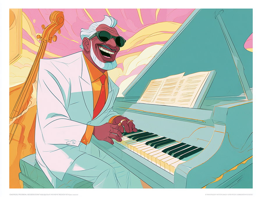 A stylish man with white hair and beard wearing sunglasses and a white suit is playing a turquoise piano with sheet music, smiling widely, with a double bass in the background and colorful sky behind