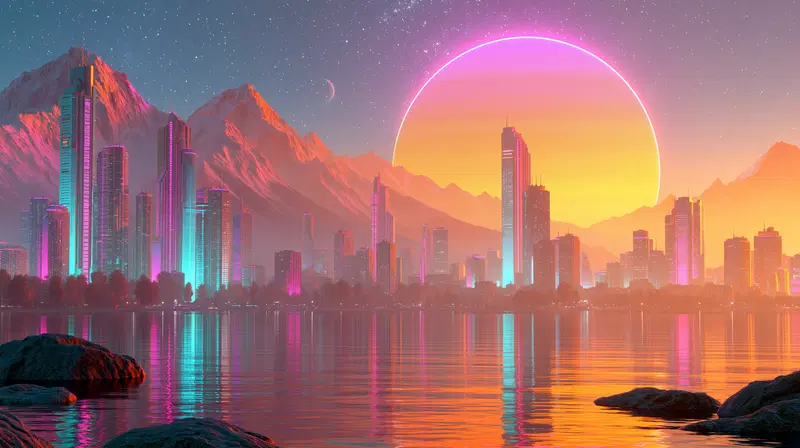 Futuristic cityscape with glowing skyscrapers and vibrant sunset behind mountains