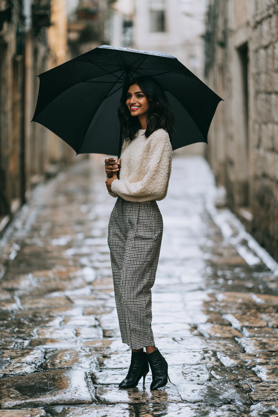 A woman standing on a wet cobblestone street holding a black umbrella, wearing a white textured sweater, checkered pants, and black ankle boots, smiling and looking to the side.