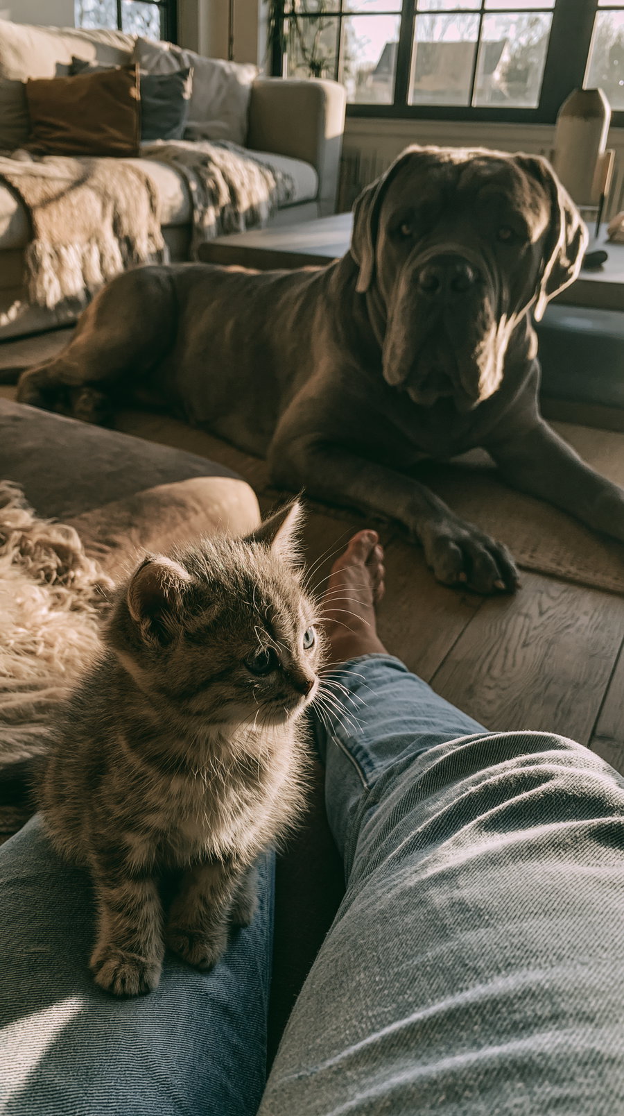 A small tabby kitten sitting on a person's leg wearing jeans, with a large brown dog lying on the floor nearby in a cozy living room lit by sunlight.