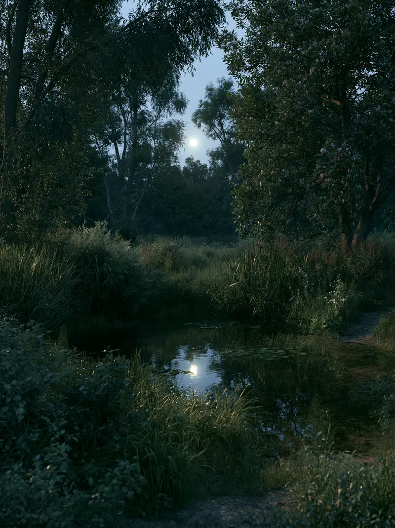 Tranquil moonlit forest scene with a peaceful stream and lush greenery