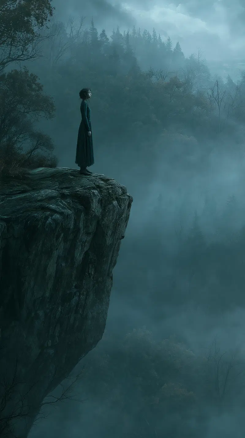 Concept art of a woman standing on a cliff edge gazing into misty forest