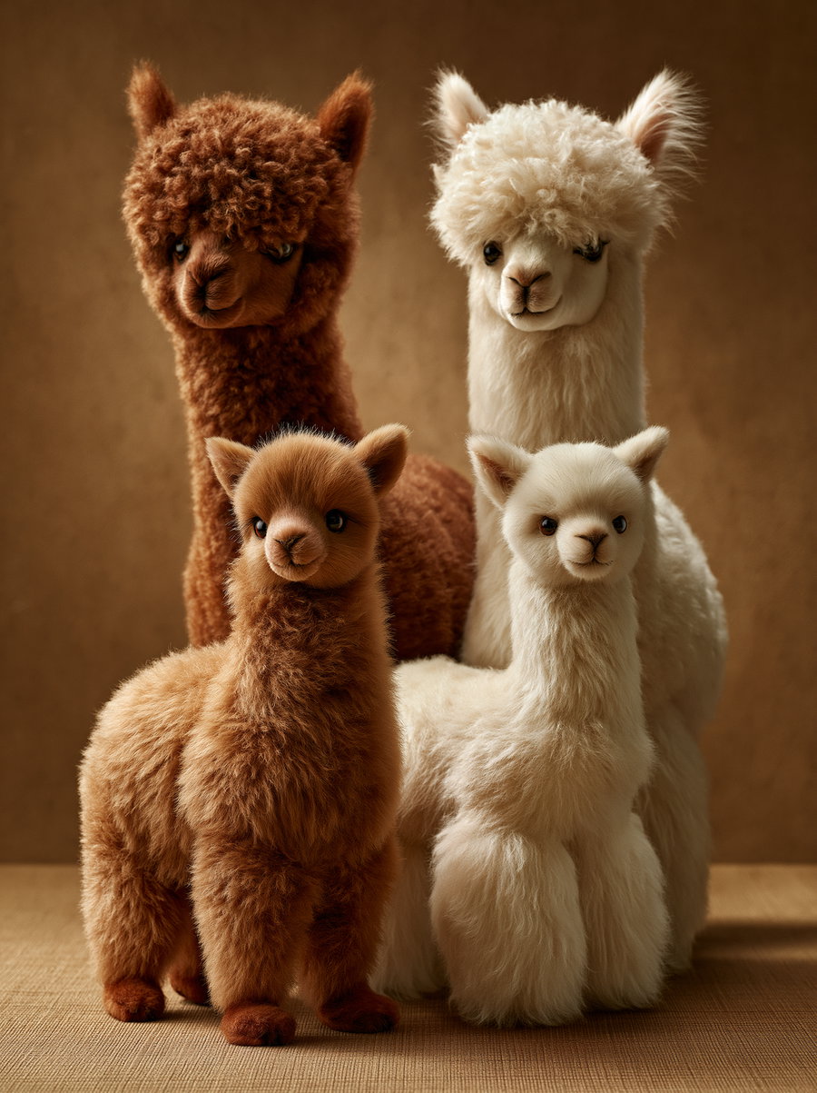 Four plush alpaca toys with fluffy fur, two brown and two white, standing closely together against a plain brown backdrop