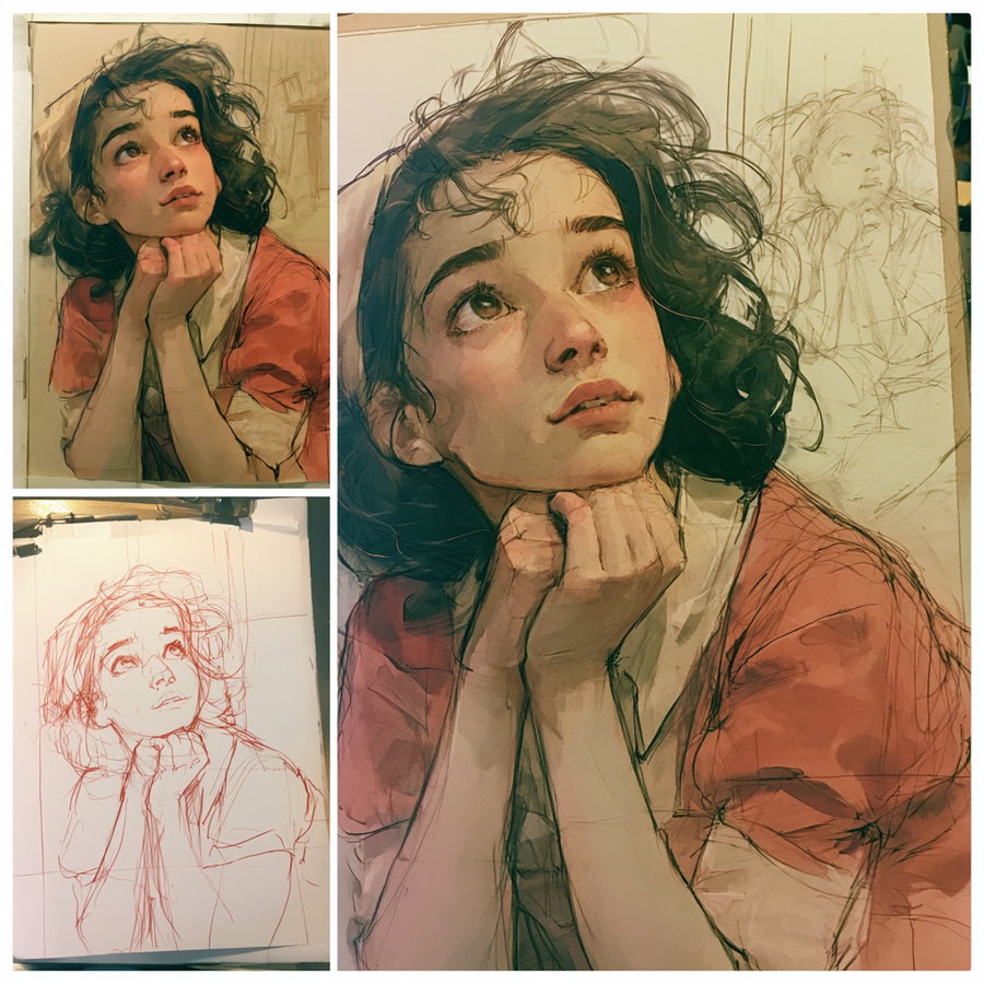 Three stages of an artistic portrait showing a woman with curly dark hair and a red and white shirt, resting her chin on her hands and looking up, including a pencil sketch, a partially colored version, and the final detailed artwork.