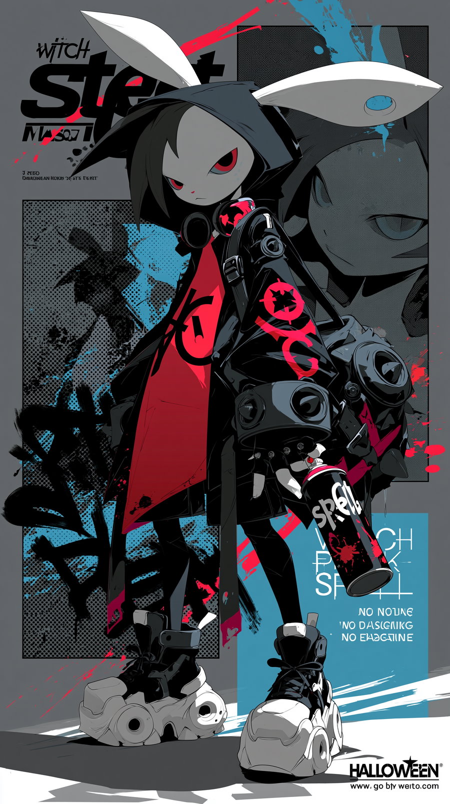 Illustration of a rabbit-like character wearing a hooded jacket with red and black colors, large futuristic shoes, holding a spray paint can, and standing against a background with graffiti elements and abstract patterns