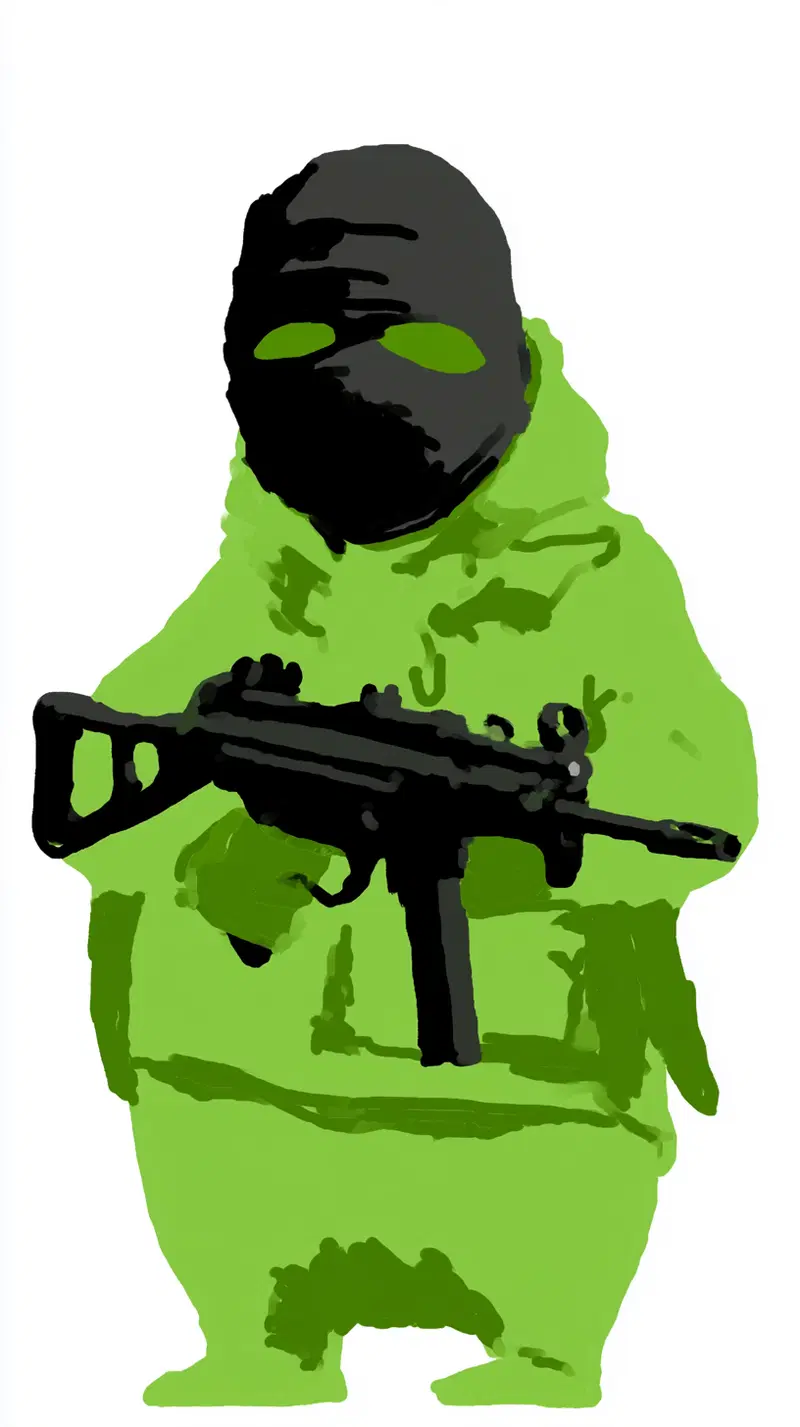 Digital character design of a green hooded figure with a black mask holding a firearm