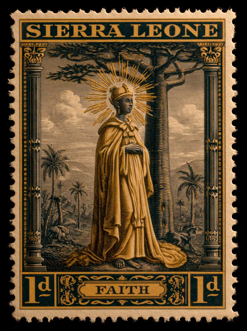 Vintage Sierra Leone postage stamp titled Faith with regal figure and radiant halo