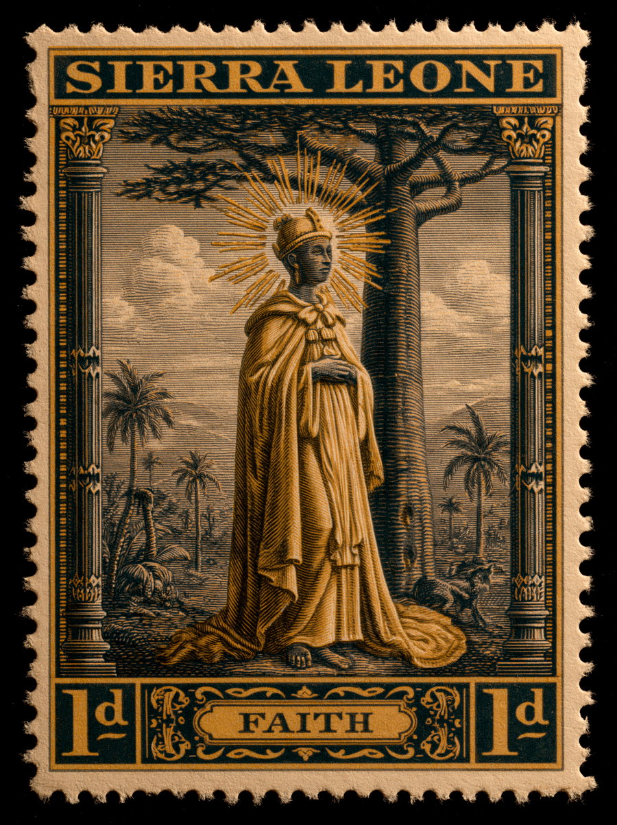 A vintage postage stamp from Sierra Leone featuring a robed regal figure wearing a crown and halo standing barefoot in front of a large tree with palm trees in the background, framed by decorative columns and text