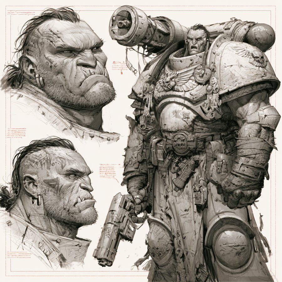 Three detailed grayscale character sketches featuring a futuristic armored warrior with a large gun and an orc-like character shown from different angles