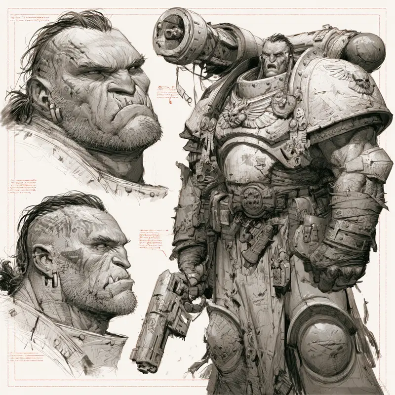 Detailed character concept sketches of a futuristic armored warrior and an orc