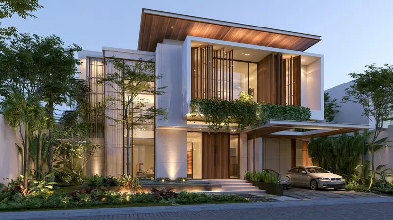 Modern luxury two-story house exterior with natural wood and glass accents