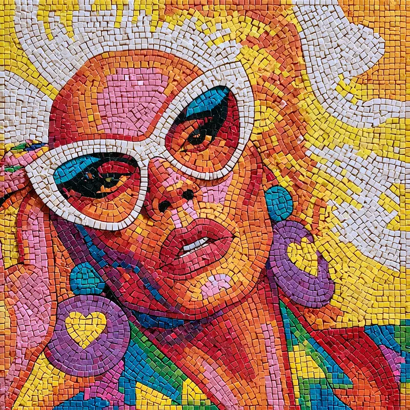 Colorful mosaic artwork of a woman wearing white glasses and large earrings