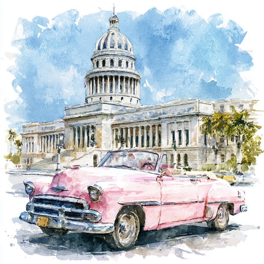 Watercolor painting depicting a classic pink convertible car parked in front of a grand historic capitol-style building under a blue sky.